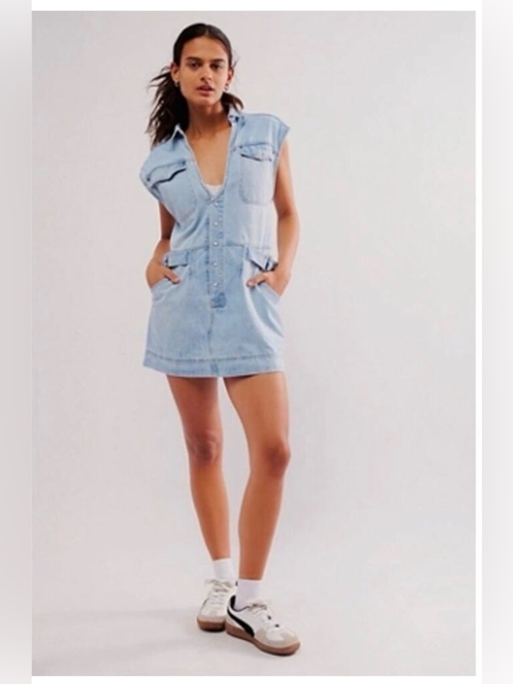 $168 FREE PEOPLE NWT S Rowley Belted Denim Mini Dress Sunbleached Blue